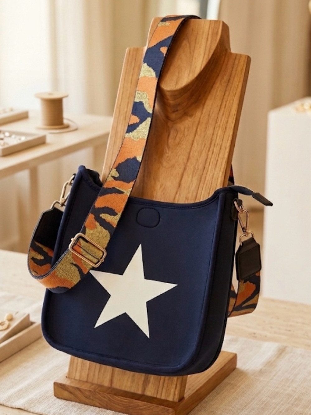 Neoprene Messenger Bag Navy Blue White Star w/ Adjustable Patterned Strap